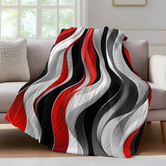 Abstract Wave Line Throw Blanket for Couch Black Red Gray Stripe Graffiti Soft and Warm Flannel 3D Striped Fluffy Fuzzy Fleece Blanket Lightweight Throw for Bed, Sofa 40 x 50 Inches