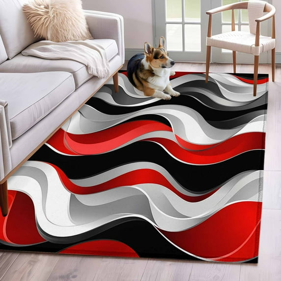 Abstract Wave Line Washable Area Rug 4x6 111 Black Red Gray Stripe Graffiti Low-Profile Large Area Rugs with Non Slip Backing Indoor Floor Carpet for Entrance Living Room Bedroom Home Office