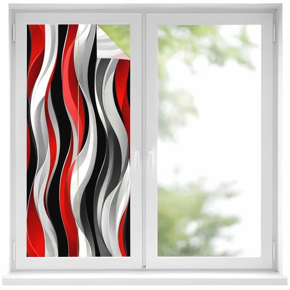 Abstract Wave Line Window Privacy Film Black Red Gray Stripe Graffiti Decorative Glass Window Film UV Blocking Static Cling Non-Adhesive Sticker Covering for Home Door 17.7 x 39.3 inches