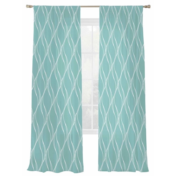 Abstract Wave Lines Sheer Curtains 84 inches Long 2 Panels Set Teal Blue Long Waves Floral Patterns Sheer Drapes Rod Pocket Window Curtains for Living Room/Bedroom