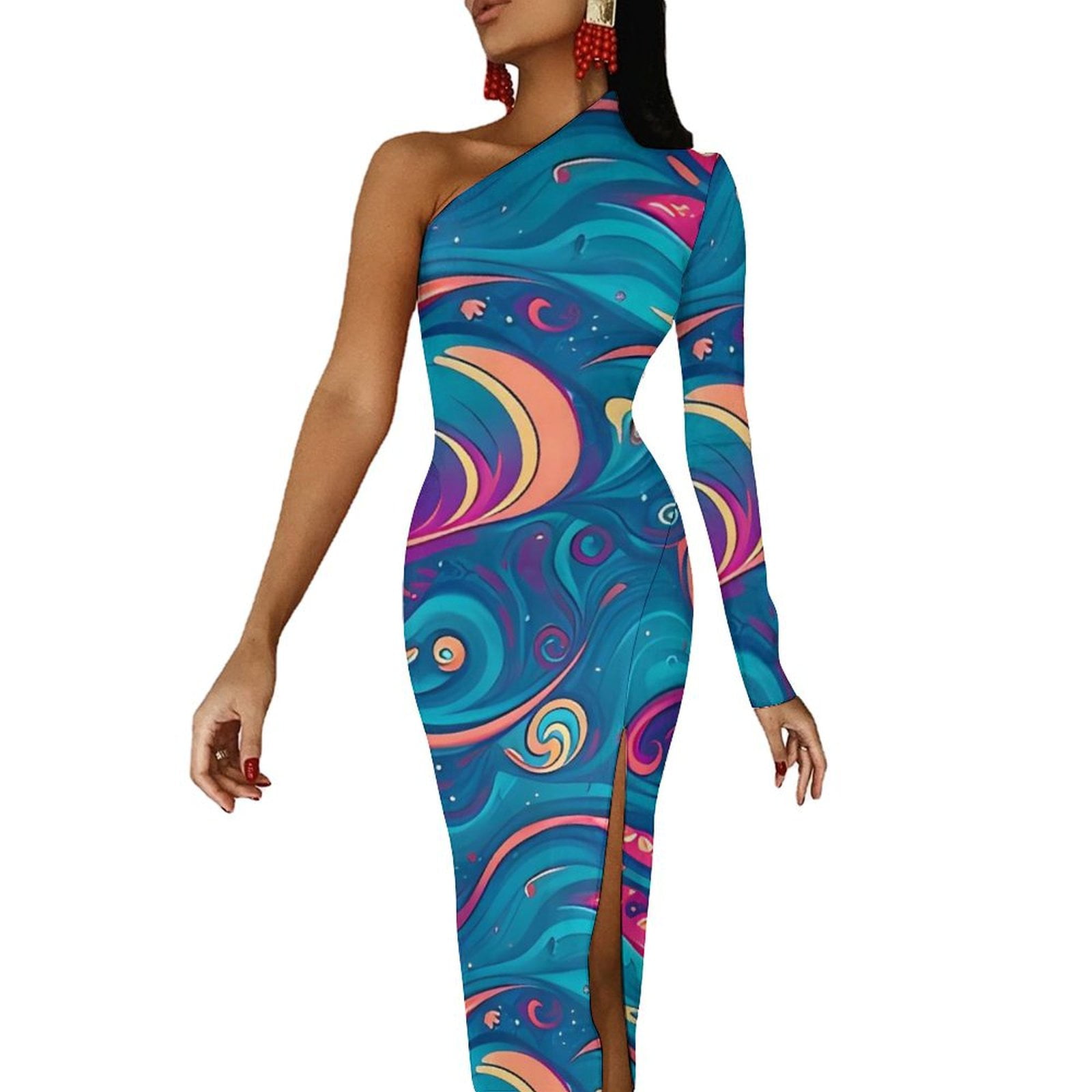 Abstract Wave Of Sea Maxi Dress One Shoulder Party Bodycon Dresses Spring  Club Dress Female Custom Vestidos