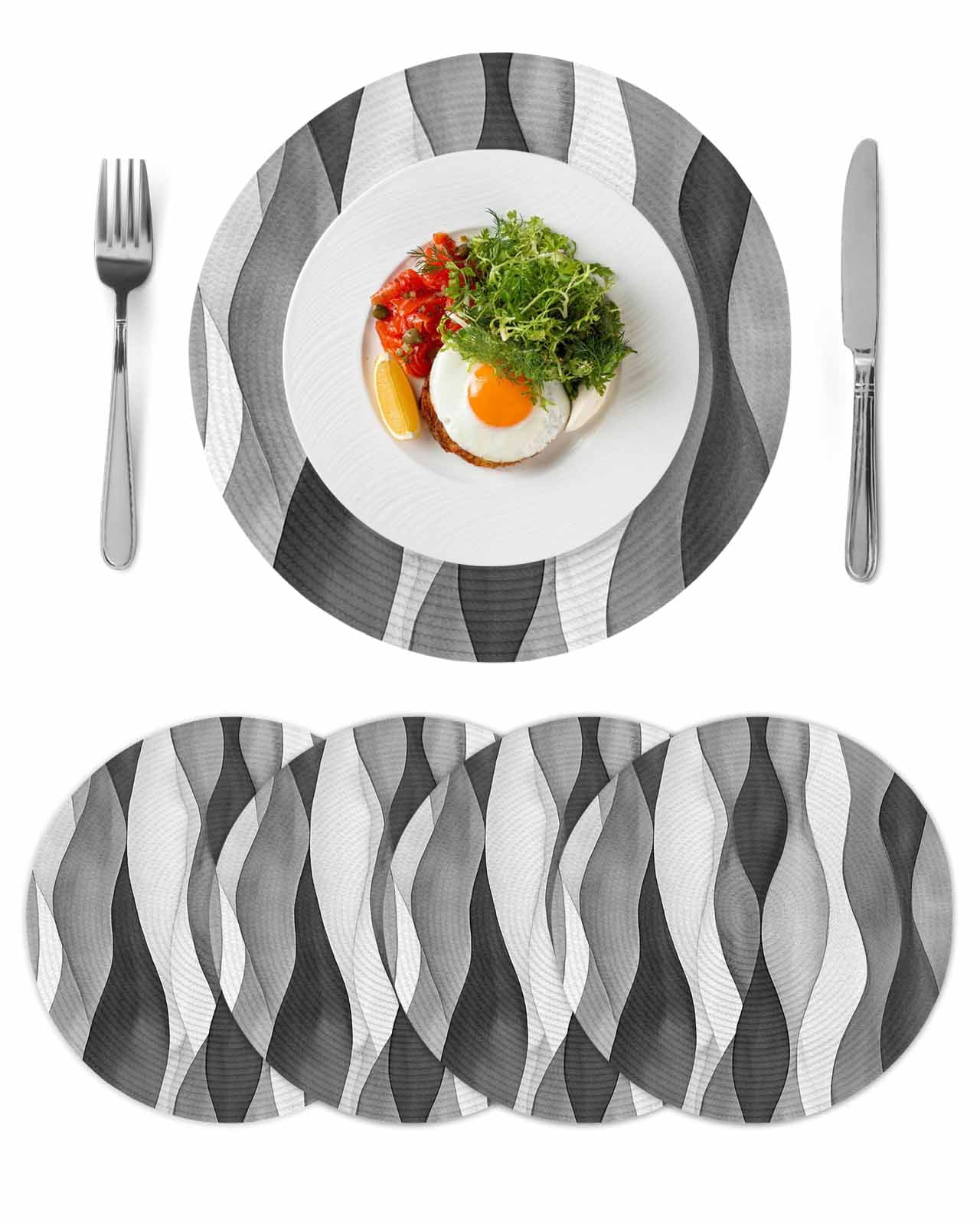Abstract Wave Pattern Texture Round Table Placemats set of 4, Black Gray White Washable Woven Place Mats for Dining Tables Kitchen Party Decor,Heat Proof, 13in,