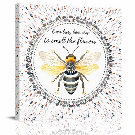 Abstract Wave Point Bee Texts Canvas Artwork Painting Art, Wild Animal Honeybee on White Square Framed Wall Decorations Prints Picture for Bedroom Kitchen Living Room, 8x8 in