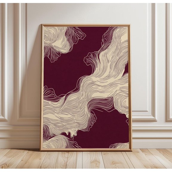 Abstract Wave Poster Minimalist Ocean Wall Art Print Japanese Style Line Illustration Red