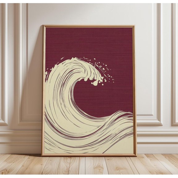 Abstract Wave Poster Minimalist Ocean Wall Art Print Japanese Style Line Illustration Red