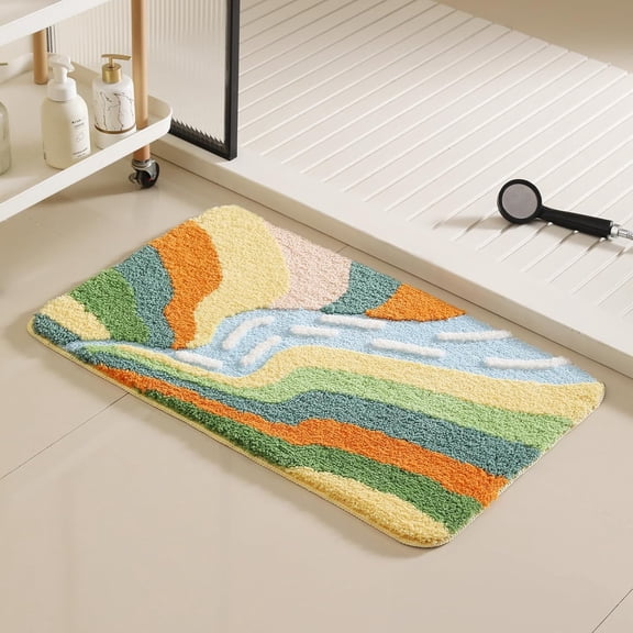 Abstract Wave River Flow Colorful Bath Mat with Soft Non-Slip Base, Ultra Absorbent Machine Washable Bath Rug for Toilet and Bathtub, 20x32 Inches (Orange)