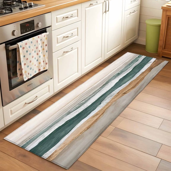 Abstract Wave Runner Rug for Hallway 2x6ft, Lines Green White Brown Ombre Modern Art Non Slip Floor Mat Washable Low-Profile Indoor Carpet for Living Room, Bedroom, Dining Room