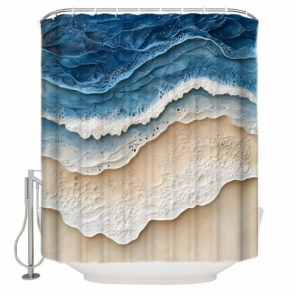 Abstract Wave Shower Curtain, 72" x 72", Texture Blue Beige Gradient Brach Modern Art Waterproof Bathroom Curtain Washable Shower Curtain Set with 12 Hooks