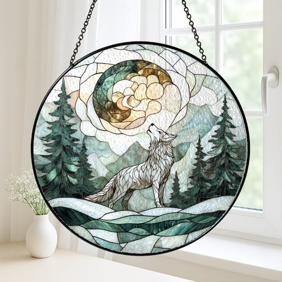 Abstract Wave Stained Glass Style Suncatcher with Retro Sun, Artistic Window Decor for Creative Homes