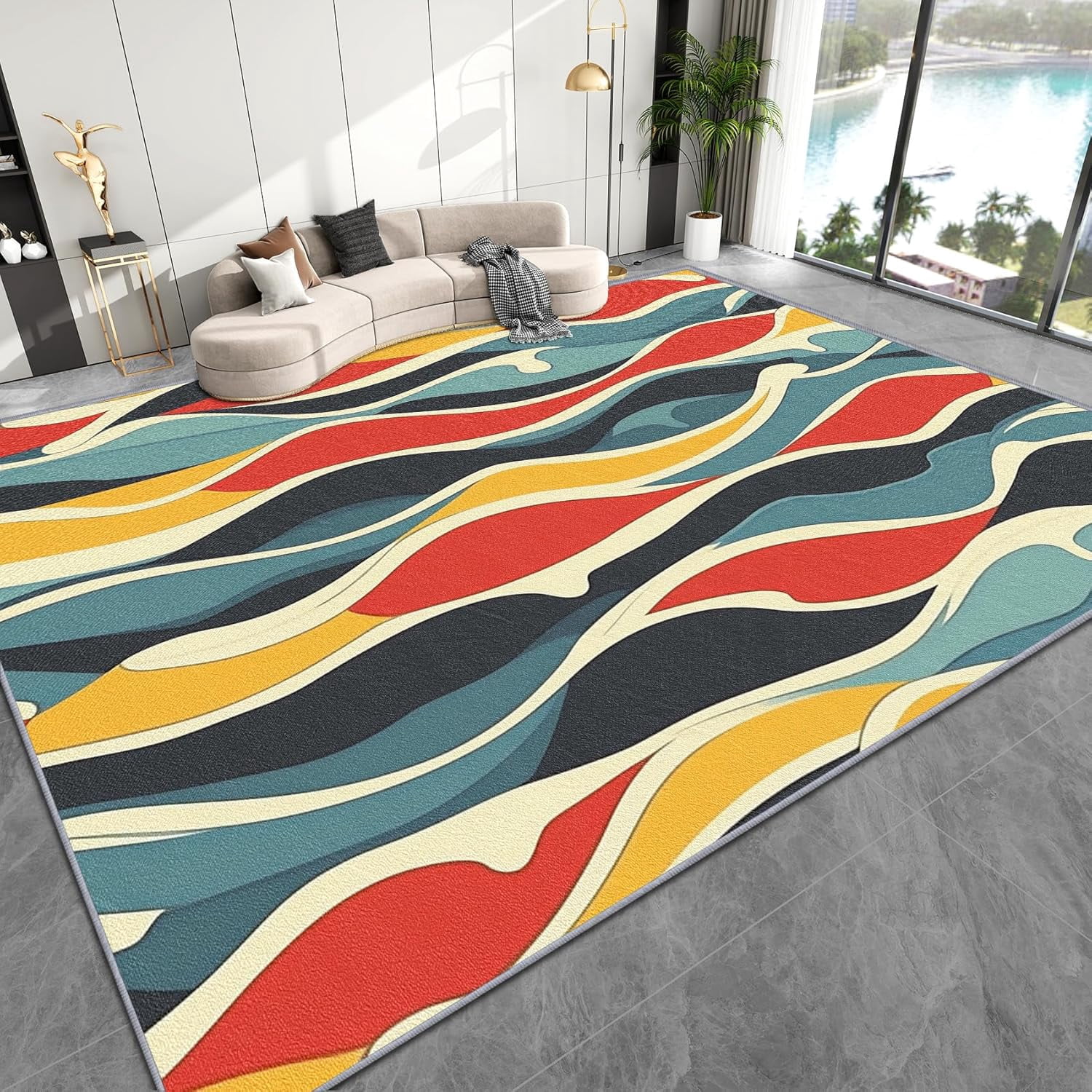 Abstract Wave Striped Area Rugs, Colorful Carpet, Washable Non Slip Low ...