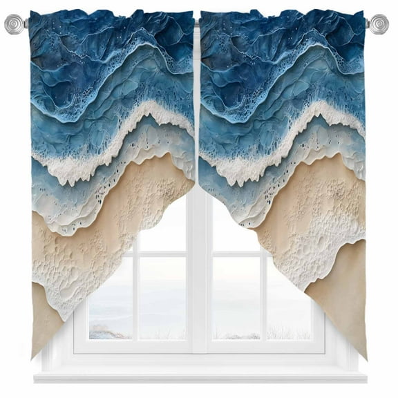 Abstract Wave Swag Valances for Windows 2 Pack Texture Blue Beige Gradient Brach Modern Art Swag Kitchen Curtains 63 Inches Long Rod Pocket Short Window Treatment for Kitchen Bathroom 36"x63"