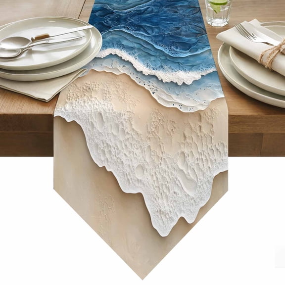 Abstract Wave Table Runner 36 Inches Long Texture Blue Beige Gradient Brach Modern Art Table Runners for Dining Room Tabletop Dresser Scarf Home Party Banquet Wedding Holiday Decoration