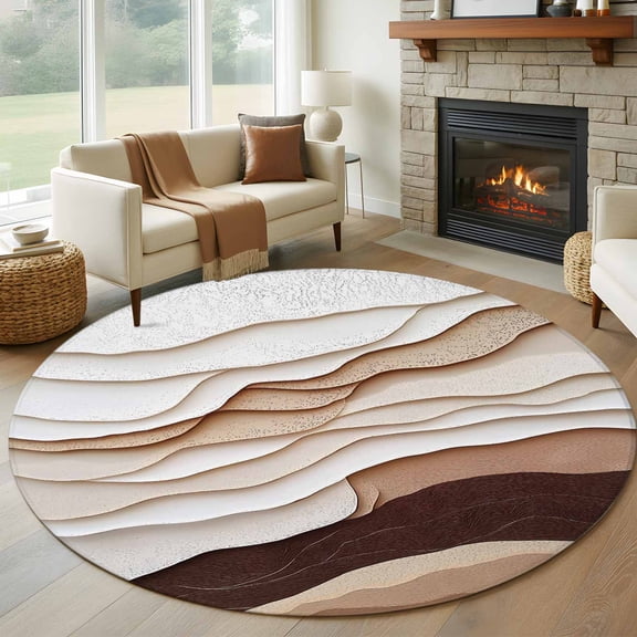 Abstract Wave Texture 8FT Round Area Rugs for Living Room 111 Vintage Earth Color Gradient Ultra-Thin Non-Slip Round Rugs Machine Washable Low Pile Circle Carpet for Bedroom Kitchen Nursery