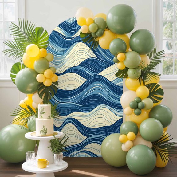 Abstract Wave Texture Arch Backdrop Cover, 7.2FT, Beige Blue Gradient Watercolor Modern Art Spandex Arch Covers Double-Sided Backdrop for Wedding Birthday Party Photo Background Decoration