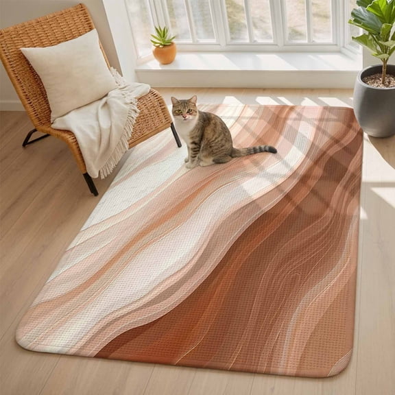 Abstract Wave Texture Area Rugs for Living Room 5x6, Retro Earth Color Gradient Washable Area Rug with Non Slip Backing, Stain Resist Linen Carpet for Bedroom, Dining Room, Entryway, Entrance