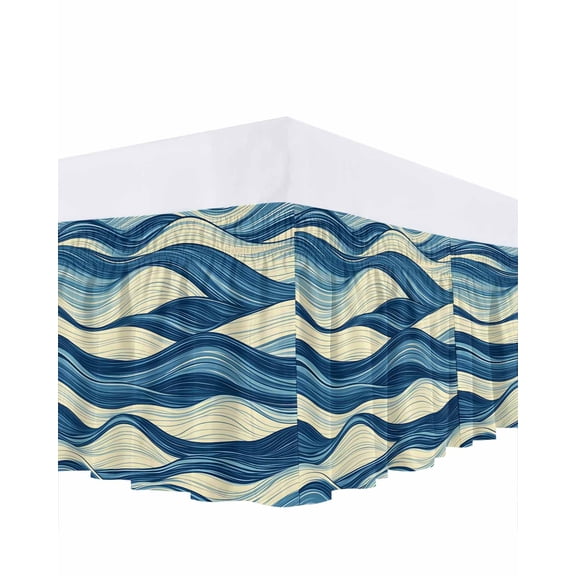 Abstract Wave Texture Bed Skirt Queen Size 16" Drop Beige Blue Gradient Watercolor Modern Art Ruffled Wrap Around Bed Skirts Adjustable Elastic Bedskirt Dust Ruffle for Queen Size Bed