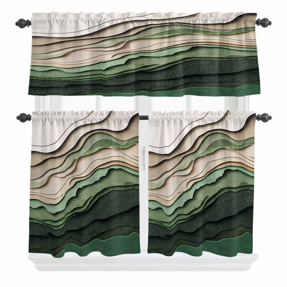 Abstract Wave Texture Curtain Valances Set Retro Watercolor Bump Kitchen Curtains 36 inch Length Rod Pocket Valance and Tiers 3 Piece Set Small Bedroom Bathroom Laundry Decor