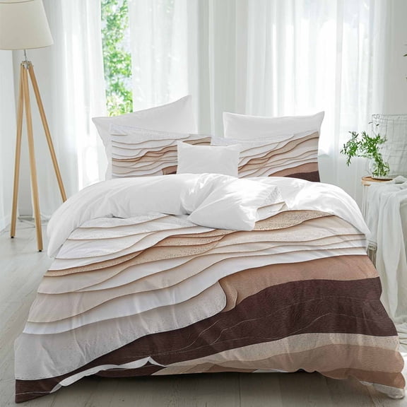 Abstract Wave Texture Duvet Cover Set Twin Size, Vintage Earth Color Gradient 4 Piece Soft Microfiber Bedding Set with 1 Duvet Cover, 1 Flat Sheet, 2 Pillowcases