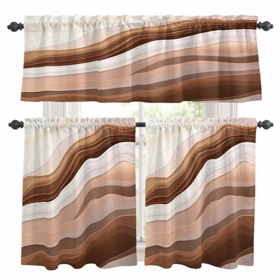 Abstract Wave Texture Kitchen Curtains Valances and Tiers Set of 3 Earth Color Gradient Tier Curtains and Valance with Rod Pocket for Small Windows, 27.5"x24"
