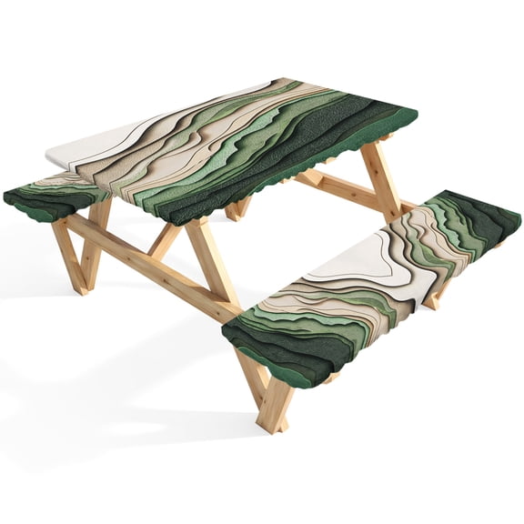 Abstract Wave Texture Picnic Table Cover with Bench Covers Retro Watercolor Bump Waterproof Fitted Picnic Tablecloth 3 Pieces Set Table Cloth for Outdoor Camping Garden BBQ