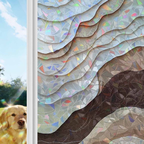 Abstract Wave Texture Rainbow Window Privacy Film, Vintage Earth Color Gradient Stained Glass Window Film, Sun Blocking Glass Clings Static Cling Non Adhesive Door Stickers 17.7 x 39.3 Inches