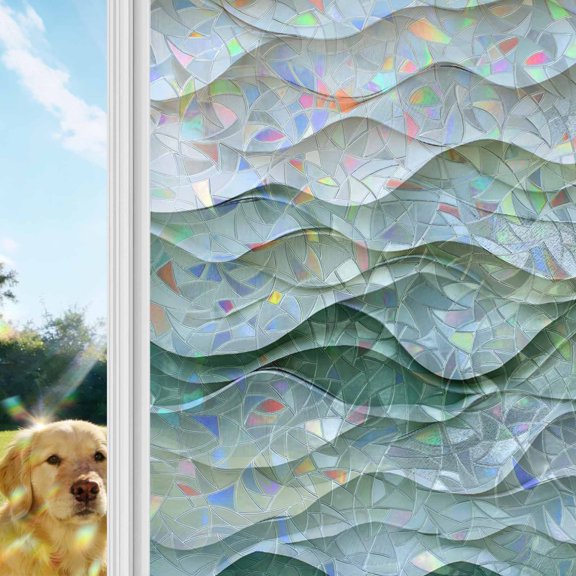 Abstract Wave Texture Rainbow Window Privacy Film, Watercolor Green Decor Stained Glass Window Film, Sun Blocking Glass Clings Static Cling Non Adhesive Door Stickers 19.6 x 39.3 Inches