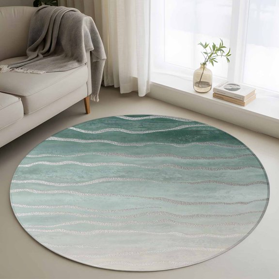 Abstract Wave Texture Round Rugs for Living Room 4ft Green Gradient Watercolor Modern Art Non Slip Circle Rug Washable Low-Profile Indoor Carpet for Bedroom, Dining Room, Bathroom