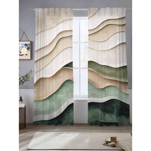 Abstract Wave Texture Sheer Curtains 108 Inches Long 2 Panels Green Beige Bump Theme Light Filtering Semi Sheer Window Curtains Drapes for Bedroom Living Room 52"x108"