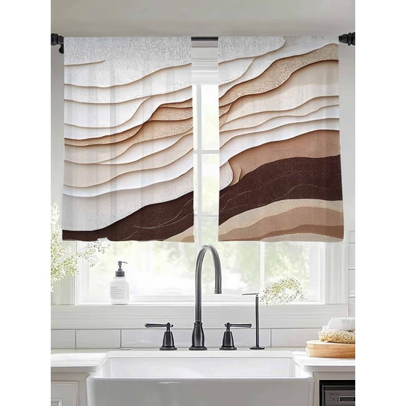 Abstract Wave Texture Sheer Curtains 45 Inches Long 2 Panels Vintage Earth Color Gradient Light Filtering Semi Sheer Window Curtains Drapes for Bedroom Living Room 52"x45"