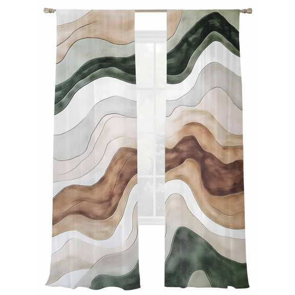 Abstract Wave Texture Sheer Curtains for Living Room Bedroom, Light-filtering Sheer Curtain, Vintage Brown Brown Bump Rod Pocket Voile Window Treatment Drapes, 52’’Wx84’’L, 2 Panels Set