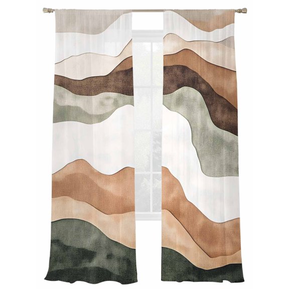 Abstract Wave Texture Sheer Curtains for Living Room Bedroom, Light-filtering Sheer Curtain, Vintage Brown Green Bump Rod Pocket Voile Window Treatment Drapes, 52’’Wx84’’L, 2 Panels Set