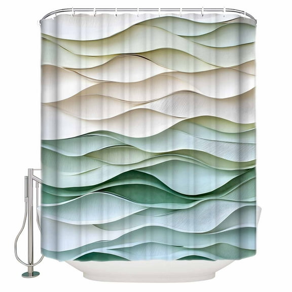 Abstract Wave Texture Shower Curtain, 36" x 72", Watercolor Green Decor Waterproof Bathroom Curtain Washable Shower Curtain Set with 12 Hooks