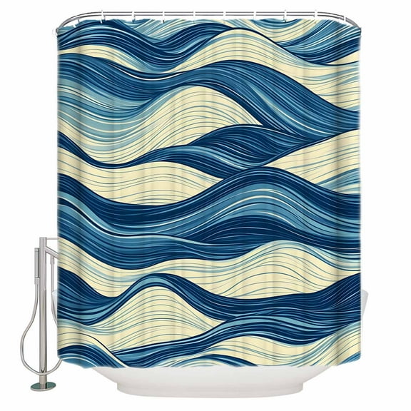 Abstract Wave Texture Shower Curtain, 48" x 72", Beige Blue Gradient Watercolor Modern Art Waterproof Bathroom Curtain Washable Shower Curtain Set with 12 Hooks