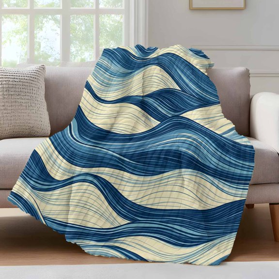 Abstract Wave Texture Throw Blanket for Couch Beige Blue Gradient Watercolor Modern Art Soft and Warm Flannel 3D Striped Fluffy Fuzzy Fleece Blanket Lightweight Throw for Bed, Sofa 60 x 80 Inches