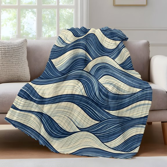 Abstract Wave Texture Throw Blanket for Couch Blue Beige Waves Watercolor Modern Art Soft and Warm Flannel 3D Striped Fluffy Fuzzy Fleece Blanket Lightweight Throw for Bed, Sofa 60 x 80 Inches