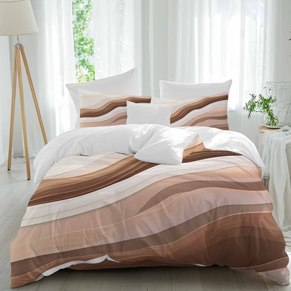 Abstract Wave Texture Twin Duvet Cover Set, Earth Color Gradient 4 Piece Microfiber Bedding Set with Zipper Closure, Bed Sheet and 2 Pillow Shams, Soft Bedding Cover