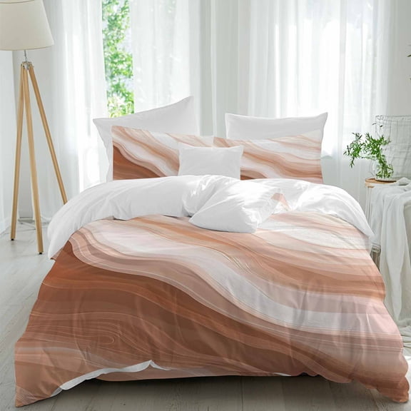 Abstract Wave Texture Twin Duvet Cover Set, Retro Earth Color Gradient 4 Piece Microfiber Bedding Set with Zipper Closure, Bed Sheet and 2 Pillow Shams, Soft Bedding Cover