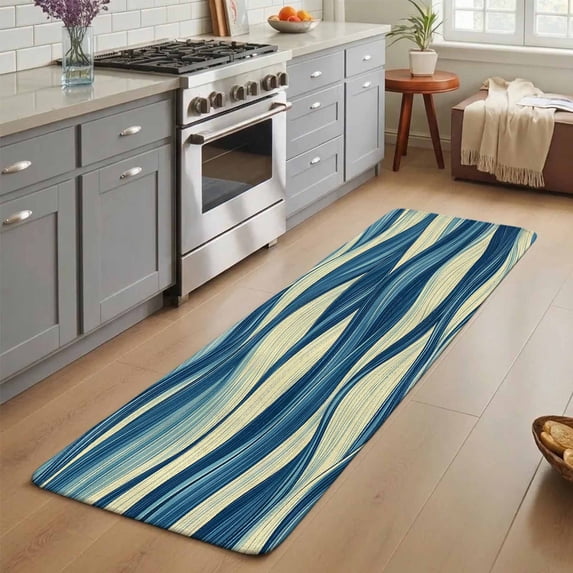 Abstract Wave Texture Washable Runner Rug 1.4x4 ft Beige Blue Gradient ...