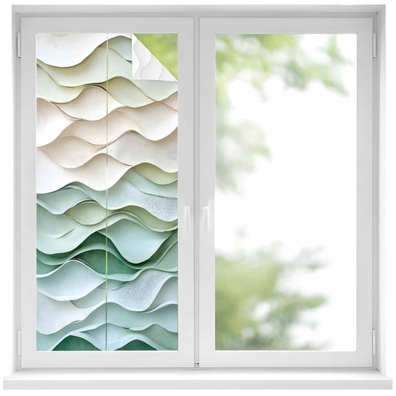 Abstract Wave Texture Window Privacy Film Watercolor Green Decor Decorative Glass Window Film UV Blocking Static Cling Non-Adhesive Sticker Covering for Home Door 17.7 x 39.3 inches
