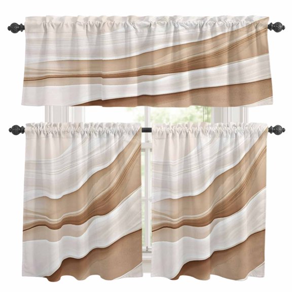 Abstract Wave Theme Kitchen Curtains Valances and Tiers Set of 3 Vintage Earth Color Gradient Tier Curtains and Valance with Rod Pocket for Small Windows, 27.5"x24"