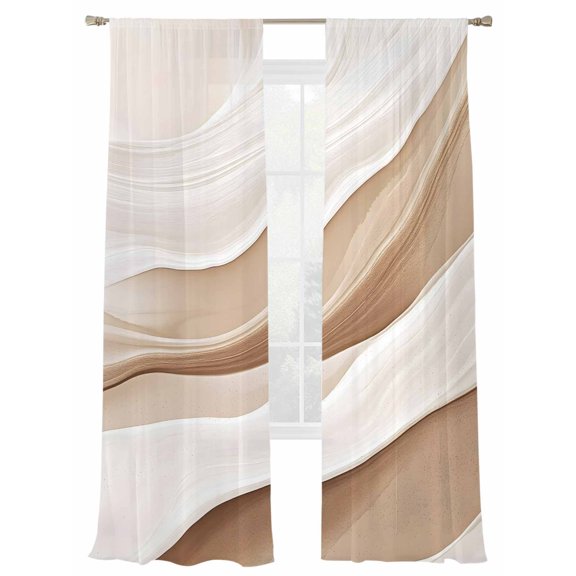 Abstract Wave Theme Sheer Curtains for Living Room Bedroom, Light-filtering Sheer Curtain, Vintage Earth Color Gradient Rod Pocket Voile Window Treatment Drapes, 52’’Wx96’’L, 2 Panels Set