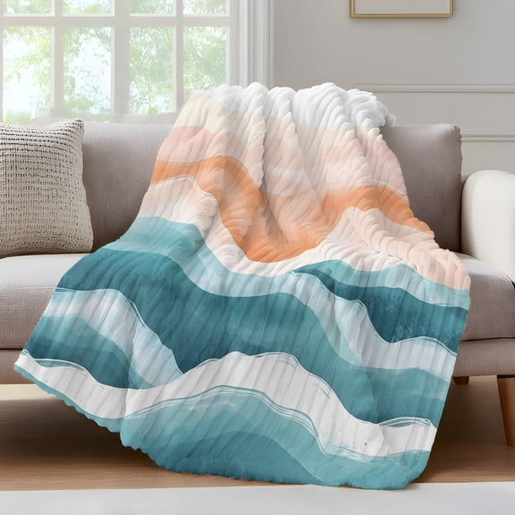 Abstract Wave Throw Blanket for Couch Watercolor Blue Modern Art Soft and Warm Flannel 3D Striped Fluffy Fuzzy Fleece Blanket Lightweight Throw for Bed, Sofa 30 x 40 Inches
