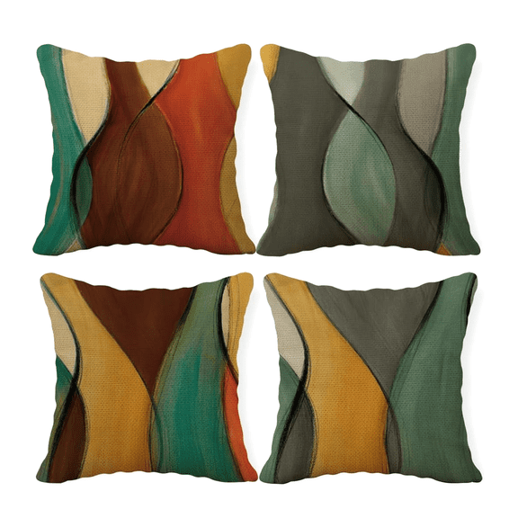 Abstract Wave Throw Pillow Covers Set of 4, Mid Century Modern Decorative Cushion Covers 18x18 Inch, Retro Color Block Pillowcases for Sofa Couch Bed Living Room, Linen Blend, Hidden Zipper