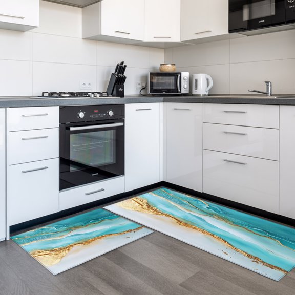 Abstract Waves 2 Pieces Non-Slip Kitchen Mat Set, Blue Retro Oil Painting Style Hand-painted Soft Door Mat with Rubber Backing, Dirtproof Rugs for Entrance Doorway, 18x30in+18x48in