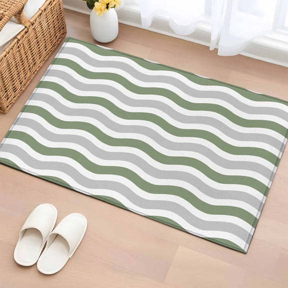 Abstract Waves 2'x3' Rug for Entryway Front Door Kitchen Sink Area, Green Grey Water Ripple Stripes Low Pile Washable Non Slip Rectangle Area Rug