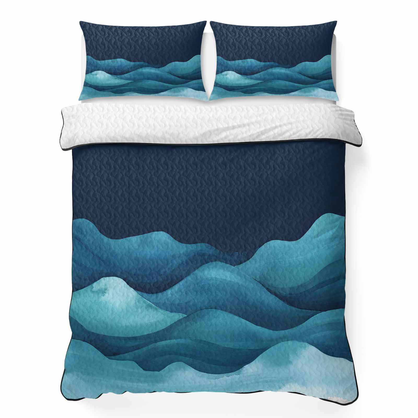 Abstract Waves 3 Piece Quilt Bedding Set with 2 Pillow Shams, Navy ...