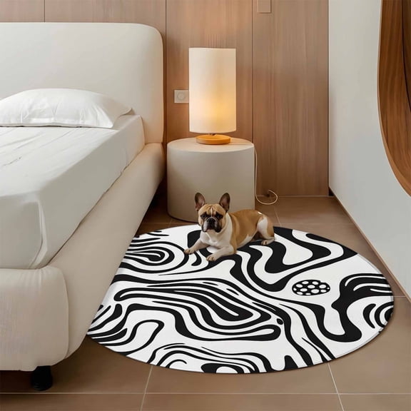 Abstract Waves 3ft Round Rug for Bathroom Accent Bedside Corner, Black White Washable Non Slip Circle Area Rug for Small Spaces