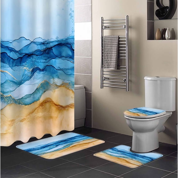 Abstract Waves 4PCS Shower Curtains Set with Toilet Lid Cover Non-Slip ...
