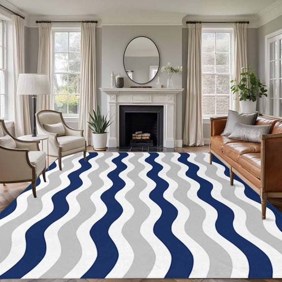 Abstract Waves 5'x8' Rug for Bedroom Under Queen Bed Placement, Navy ...