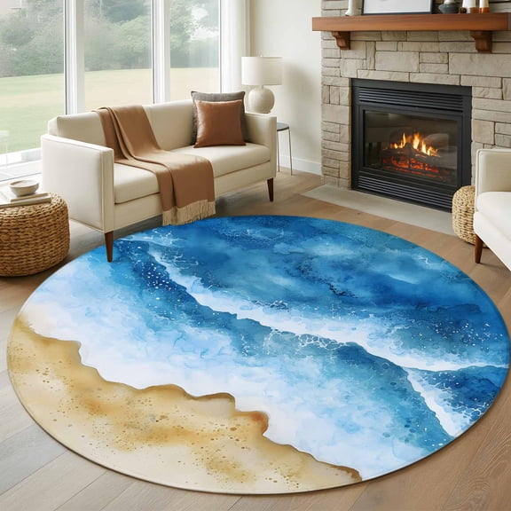 Abstract Waves 7FT Round Area Rugs for Living Room 111 Beach Ocean Spray Watercolor Surrealism Ultra-Thin Non-Slip Round Rugs Machine Washable Low Pile Circle Carpet for Bedroom Kitchen Nursery